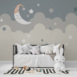 Tapet personalizat inspiratie scandinava pentru copii cu cer instelat visator si luna dreamy sky