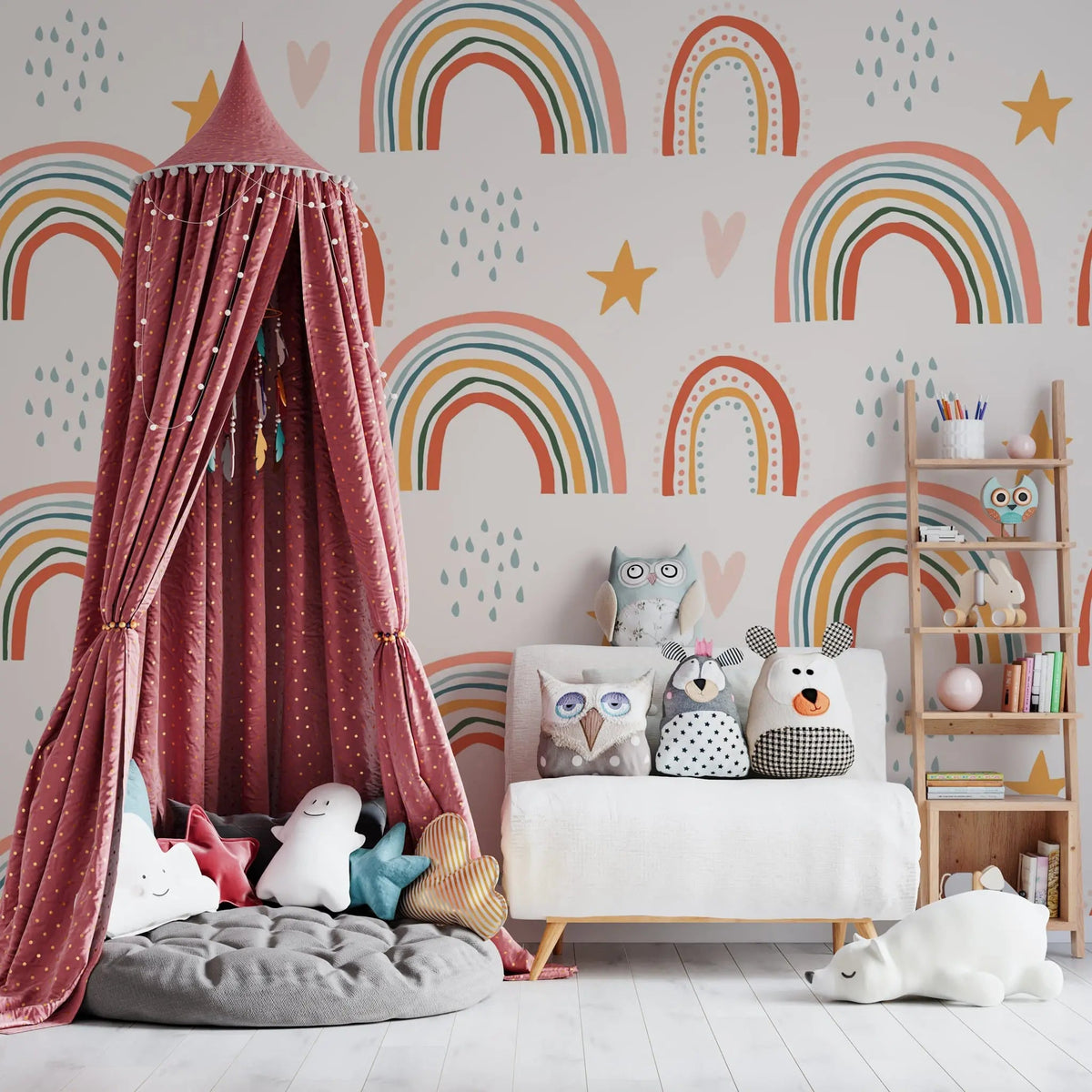 Tapet personalizat inspiratie scandinava pentru copii cu baloane cu curcubeie stelute si inimioare boho rainbow