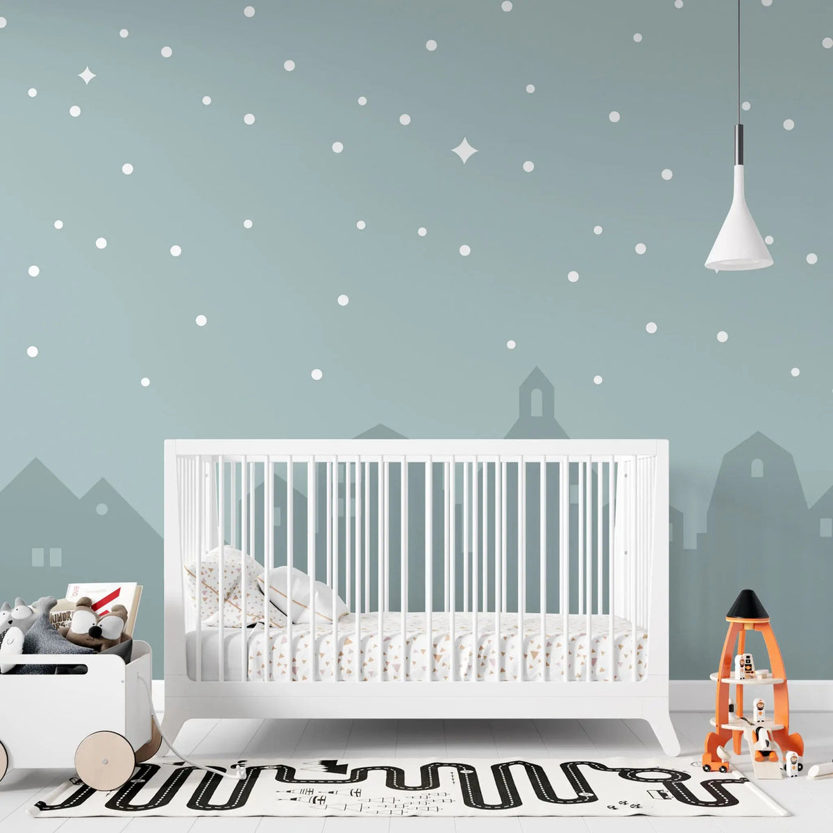Tapet personalizat inspiratie scandinava pentru copii cu cer instelat peste oras city under the stars