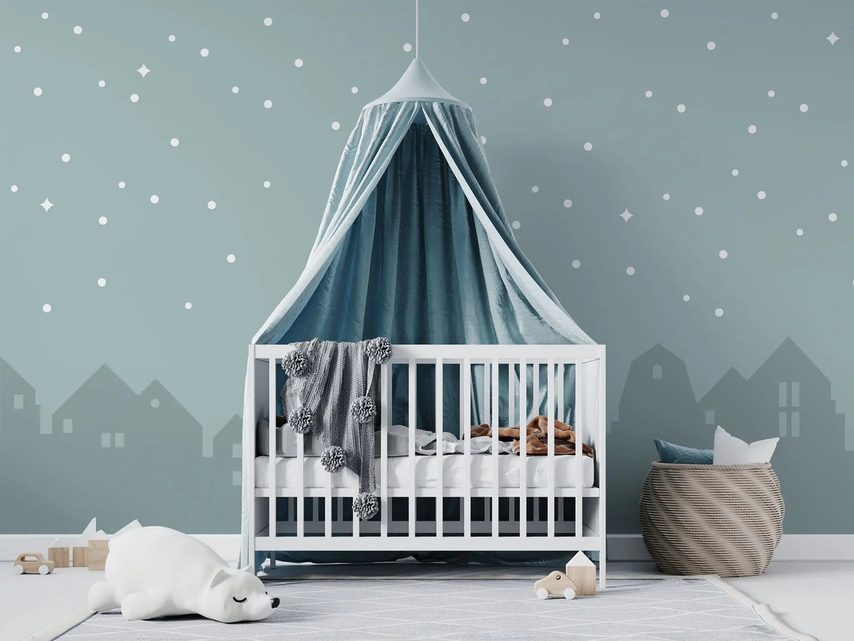 Tapet personalizat inspiratie scandinava pentru copii cu cer instelat peste oras city under the stars