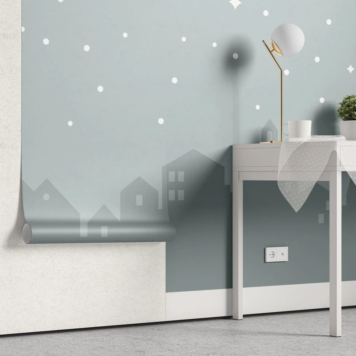 Tapet personalizat inspiratie scandinava pentru copii cu cer instelat peste oras city under the stars