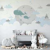 Tapet personalizat inspiratie scandinava pentru copii cu balene nori si castele dreamland