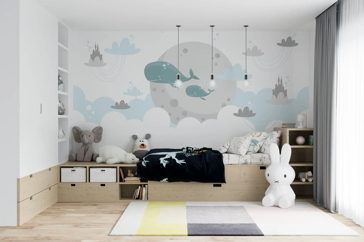 Tapet personalizat inspiratie scandinava pentru copii cu balene nori si castele dreamland