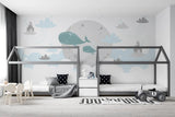 Tapet personalizat inspiratie scandinava pentru copii cu balene nori si castele dreamland