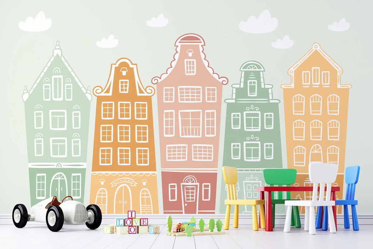 Tapet personalizat inspiratie scandinava pentru copii cladiri multicolore little city