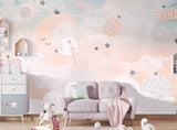 Tapet Personalizat Inspiratie Scandinava pentru Copii cu luna si stele pe cerul trandafiriu - LIGHT PEACH MOON