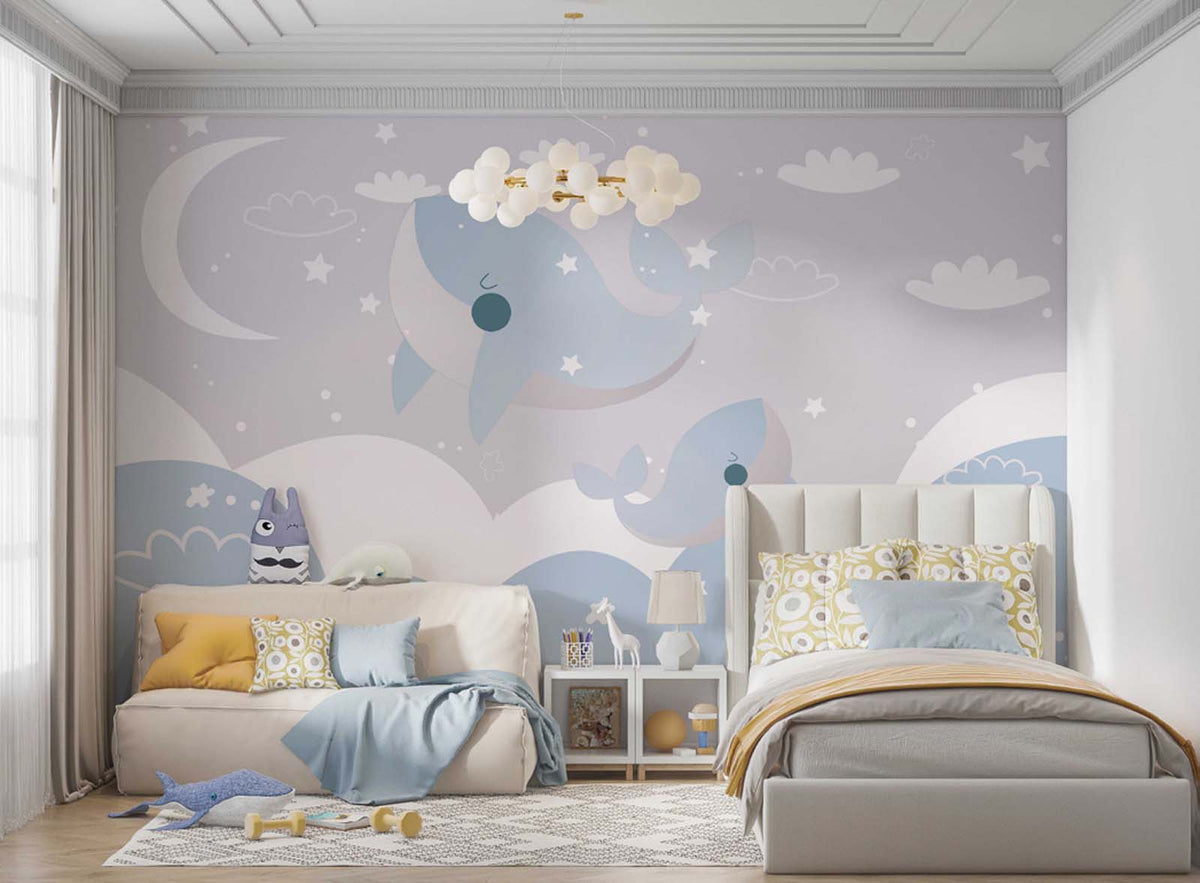 Tapet Personalizat Inspiratie Scandinava pentru Copii cu balene albastre si cer instelat - BLUE BABY WHALES