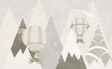 Tapet Personalizat Inspiratie Scandinava pentru Copii cu munti si baloane cu aer cald in nuante de bej gri - GREJ BALLOONS MOUNTAINS
