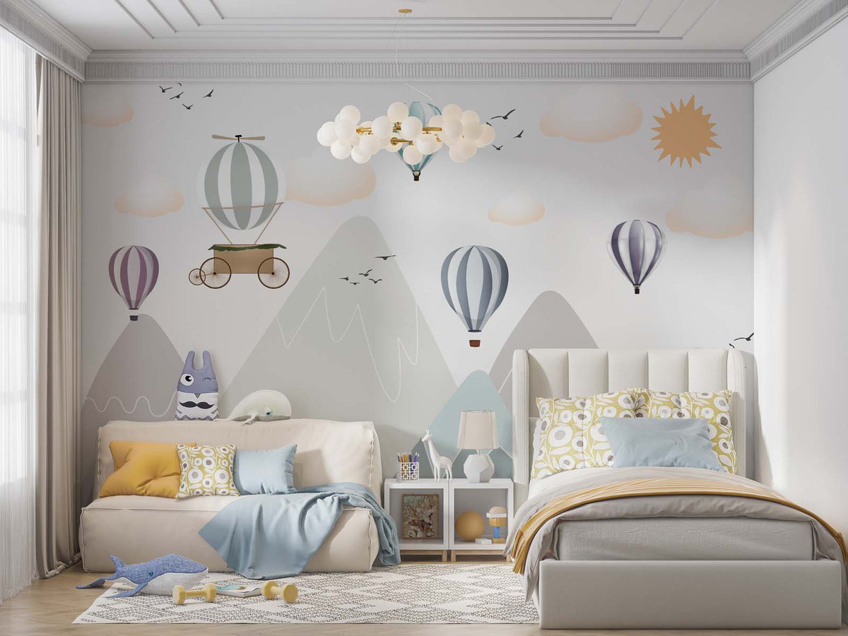 Tapet Personalizat Inspiratie Scandinava pentru Copii cu munti gri si baloane cu aer cald colorate - 3D HOT AIR BALLOON