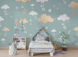 Tapet Personalizat Inspiratie Scandinava pentru Copii cu norisori aurii si stele pe fundal verde - GOLDEN CLOUDS