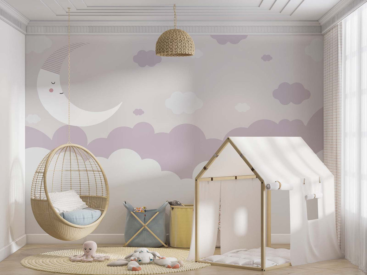 Tapet Personalizat Inspiratie Scandinava pentru Copii cu luna si nori in nuante de mov - MAUVE NAP TIME