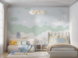 Tapet Personalizat Inspiratie Scandinava pentru Copii cu luna si nori in nuante de verde - SAGE GREEN SLEEP
