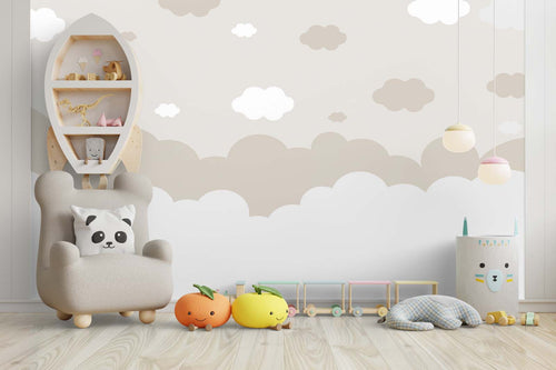 Tapet Personalizat Inspiratie Scandinava pentru Copii cu nori in nuante de bej si alb - BEIGE SLEEPY CLOUDS