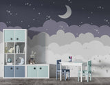 Tapet Personalizat Inspiratie Scandinava pentru Copii cu luna, nori si telute in nuante de albastru indigo - STARRY NIGHT NURSERY
