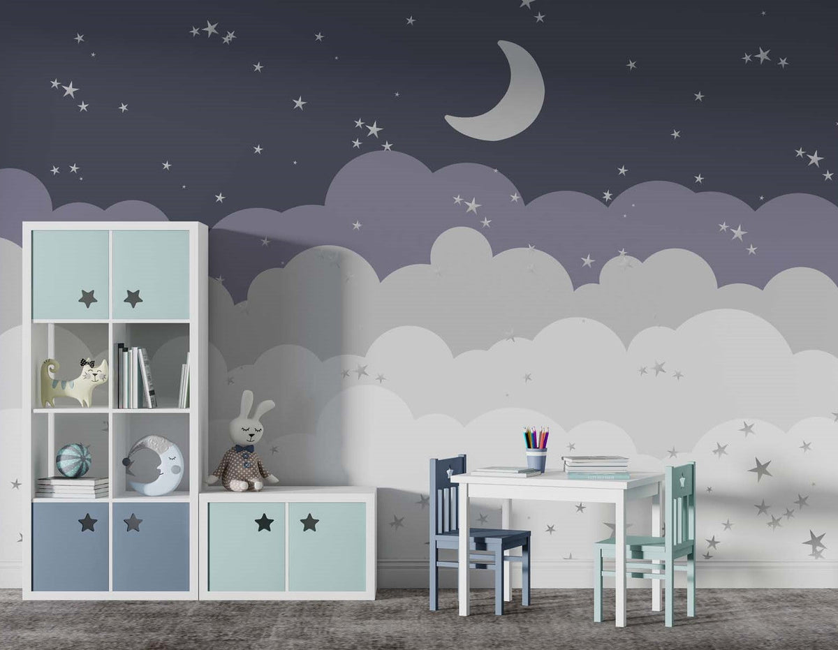 Tapet Personalizat Inspiratie Scandinava pentru Copii cu luna, nori si telute in nuante de albastru indigo - STARRY NIGHT NURSERY