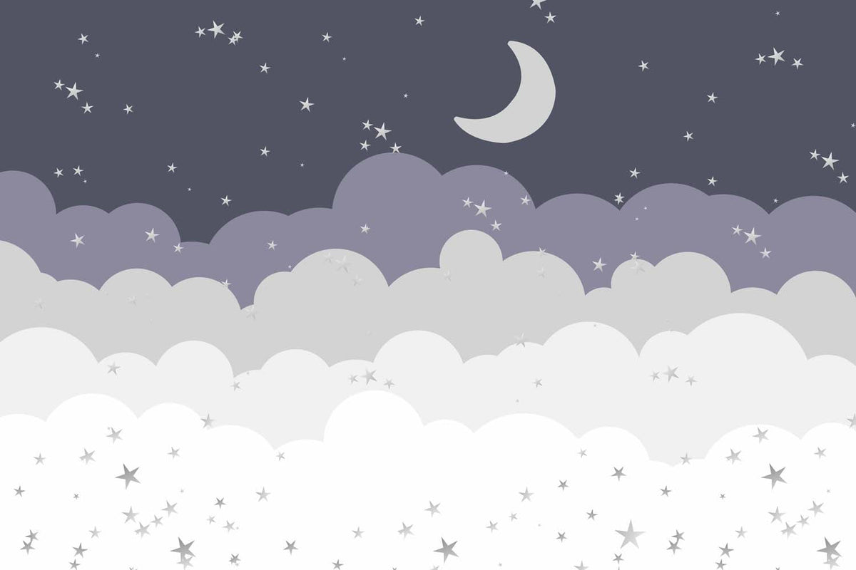 Tapet Personalizat Inspiratie Scandinava pentru Copii cu luna, nori si telute in nuante de albastru indigo - STARRY NIGHT NURSERY