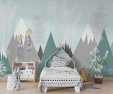 Tapet Personalizat Inspiratie Scandinava pentru Copii cu munti si brazi abstracti in nuante de verde si gri - SNOWY FOREST MOUNTAINS