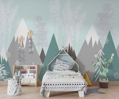 Tapet Personalizat Inspiratie Scandinava pentru Copii cu munti si brazi abstracti in nuante de verde si gri - SNOWY FOREST MOUNTAINS