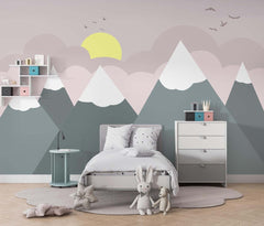 Tapet Personalizat Inspiratie Scandinava pentru Copii cu munti gri si nori roz - PINK SUNSET MOUNTAINS