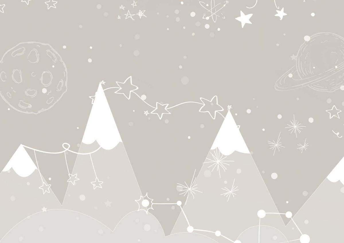 Tapet Personalizat Inspiratie Scandinava pentru Copii cu munti bej, planete si constelatii albe - BEIGE STARRY MOUNTAINS