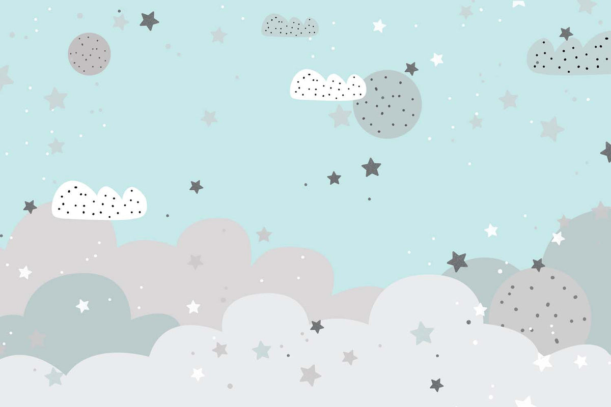 Tapet Personalizat Inspiratie Scandinava pentru Copii cu nori gri si cer albastru instelat - TURQUOISE STARRY SKY