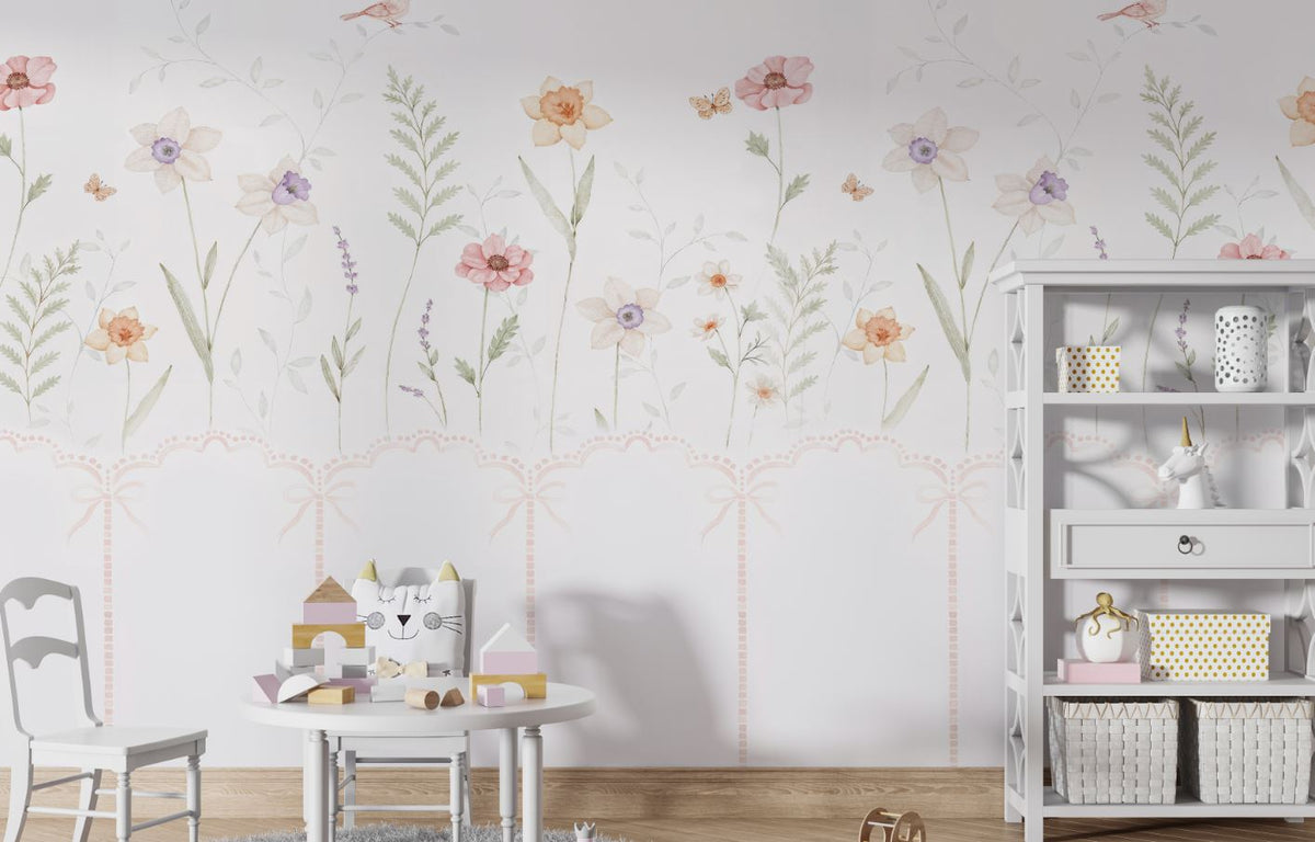 Tapet Personalizat Inspiratie Scandinava pentru Copii cu plante delicate pictate si panou alb cu fundite - PANEL FLOWERS