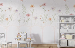 Tapet Personalizat Inspiratie Scandinava pentru Copii cu plante delicate pictate si panou alb cu fundite - PANEL FLOWERS