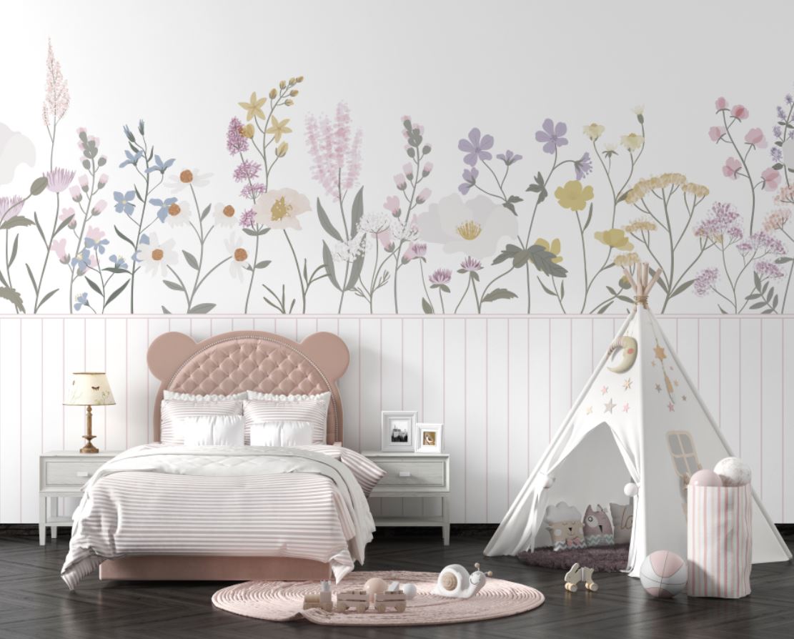 Tapet Personalizat Inspiratie Scandinava pentru Copii cu flori salbatice in nuante de roz si panou alb de lemn - WAINSCOT FLOWERS