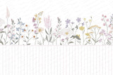 Tapet Personalizat Inspiratie Scandinava pentru Copii cu flori salbatice in nuante de roz si panou alb de lemn - WAINSCOT FLOWERS