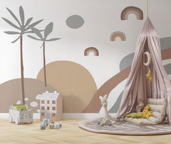 Tapet Personalizat Inspiratie Scandinava pentru Copii cu peisaj tropical abstract in stil boho cu palmieri si curcubee in nuante de maro si gri - BOHO TROPICAL PASTEL