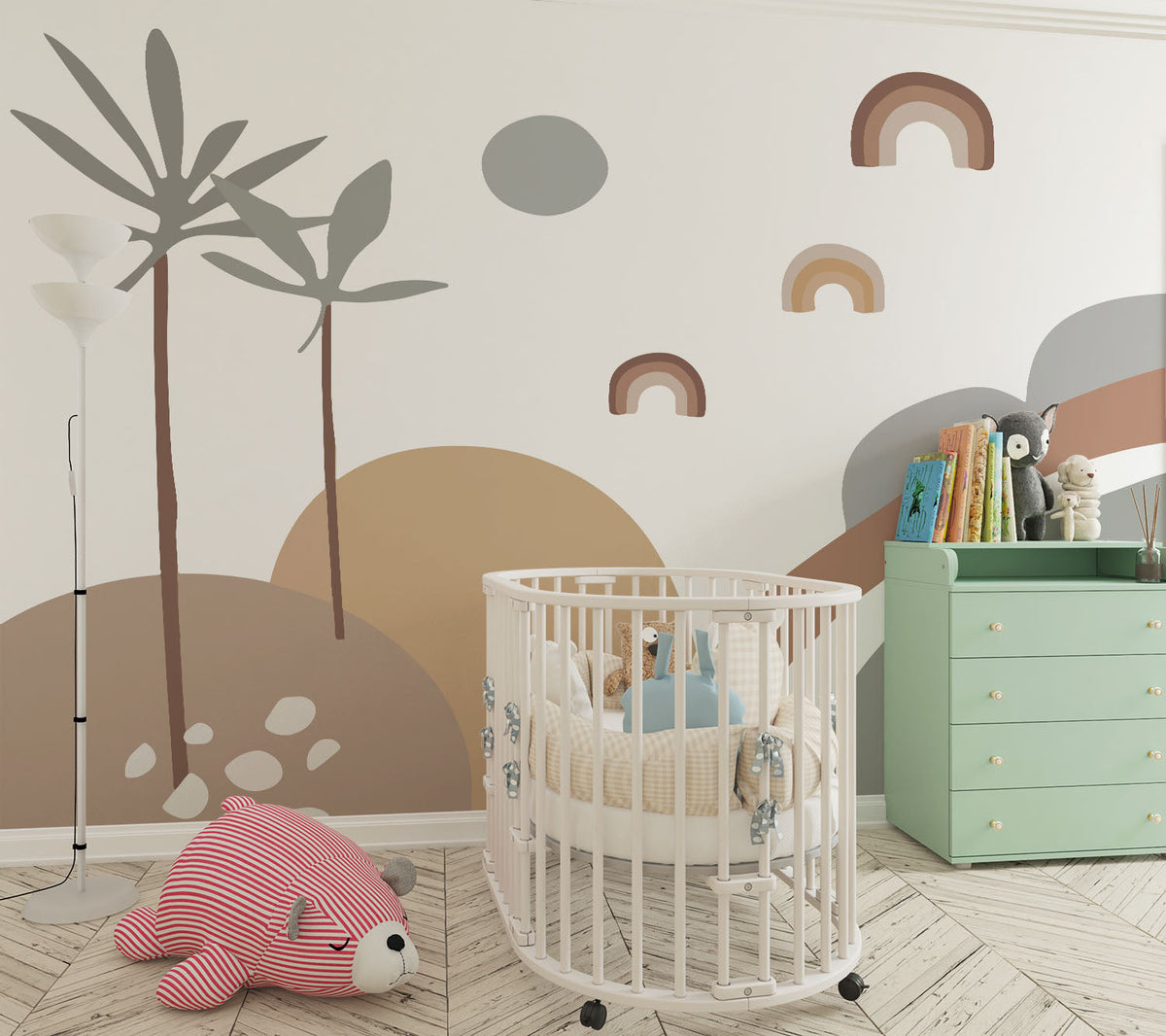 Tapet Personalizat Inspiratie Scandinava pentru Copii cu peisaj tropical abstract in stil boho cu palmieri si curcubee in nuante de maro si gri - BOHO TROPICAL PASTEL