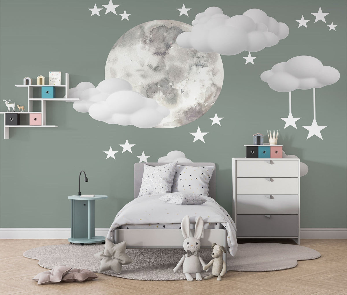 Tapet Personalizat Inspiratie Scandinava pentru Copii cu luna pictata in stil watercolor pe un fundal verde cu nori si stele - WATERCOLOR MOON