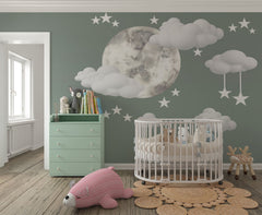 Tapet Personalizat Inspiratie Scandinava pentru Copii cu luna pictata in stil watercolor pe un fundal verde cu nori si stele - WATERCOLOR MOON
