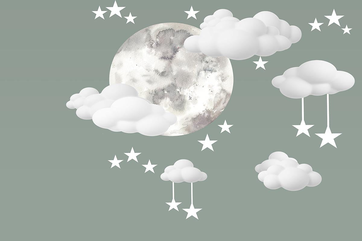 Tapet Personalizat Inspiratie Scandinava pentru Copii cu luna pictata in stil watercolor pe un fundal verde cu nori si stele - WATERCOLOR MOON