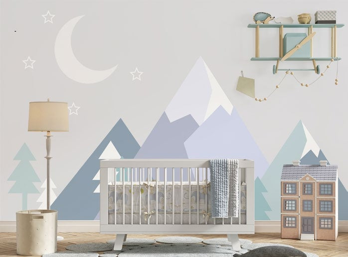 Tapet Personalizat Inspiratie Scandinava pentru Copii cu munti si brazi abstracti in nuante de albastru pastel - PASTEL BLUE MOUNTAINS