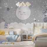 Tapet Personalizat Inspiratie Scandinava pentru Copii cu luna, planete, stele si constelatii in nuante de gri - MOON CONSTELLATIONS
