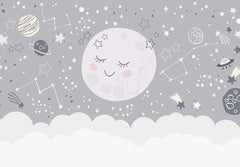 Tapet Personalizat Inspiratie Scandinava pentru Copii cu luna, planete, stele si constelatii in nuante de gri - MOON CONSTELLATIONS