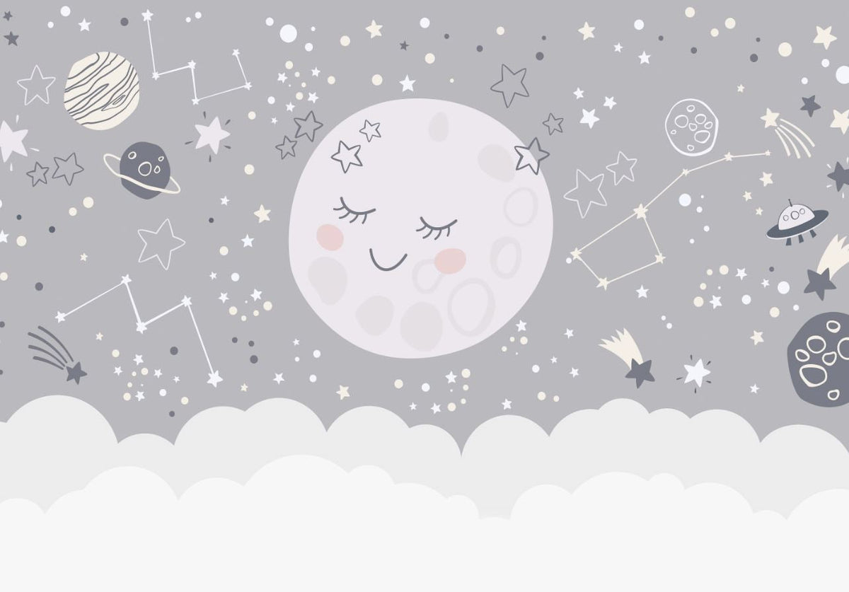 Tapet Personalizat Inspiratie Scandinava pentru Copii cu luna, planete, stele si constelatii in nuante de gri - MOON CONSTELLATIONS