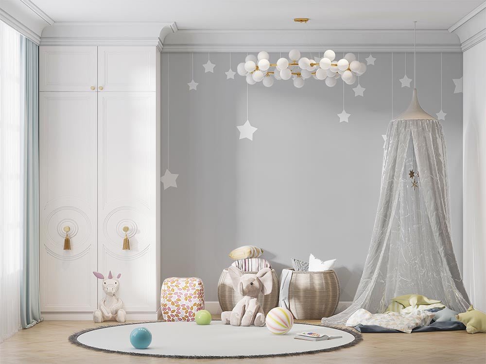 Tapet Personalizat Inspiratie Scandinava pentru Copii cu fundal gri si stele albe cazatoare - HANGING STARS