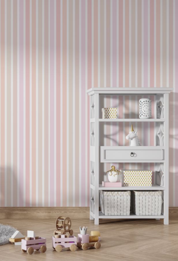 Tapet Personalizat Inspiratie Scandinava pentru Copii cu perete multicolor in dungi pastel - PASTEL TICKING STRIPE