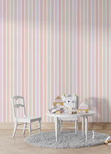 Tapet Personalizat Inspiratie Scandinava pentru Copii cu perete multicolor in dungi pastel - PASTEL TICKING STRIPE