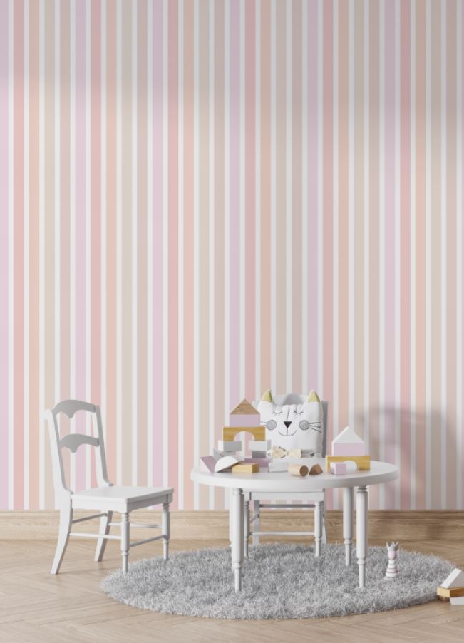 Tapet Personalizat Inspiratie Scandinava pentru Copii cu perete multicolor in dungi pastel - PASTEL TICKING STRIPE