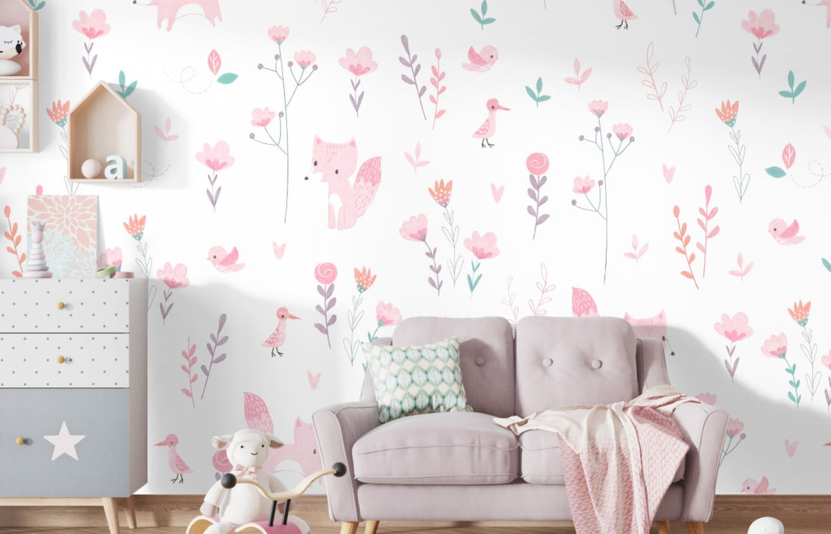 Tapet Personalizat Inspiratie Scandinava pentru Copii cu pattern de flori, pasari si vulpi roz pe fundal alb - LITTLE PINK FOXES