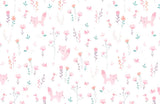 Tapet Personalizat Inspiratie Scandinava pentru Copii cu pattern de flori, pasari si vulpi roz pe fundal alb - LITTLE PINK FOXES