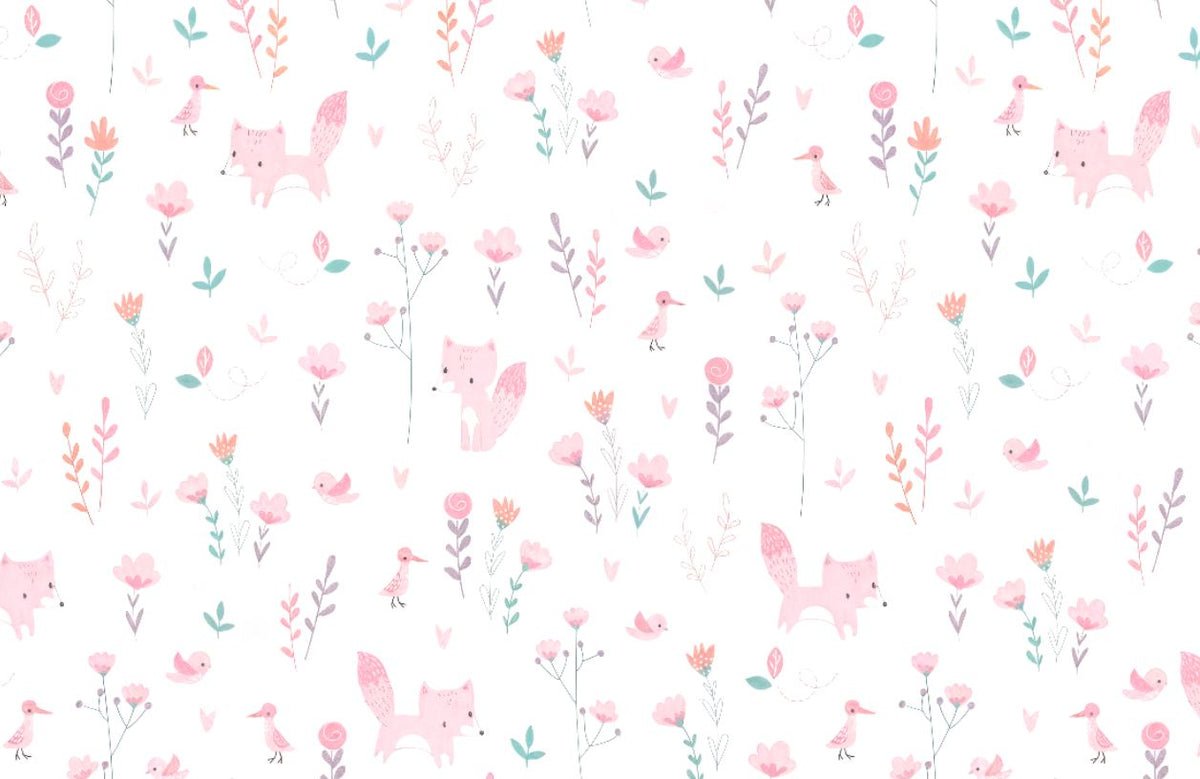 Tapet Personalizat Inspiratie Scandinava pentru Copii cu pattern de flori, pasari si vulpi roz pe fundal alb - LITTLE PINK FOXES