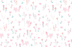 Tapet Personalizat Inspiratie Scandinava pentru Copii cu pattern de flori, pasari si vulpi roz pe fundal alb - LITTLE PINK FOXES