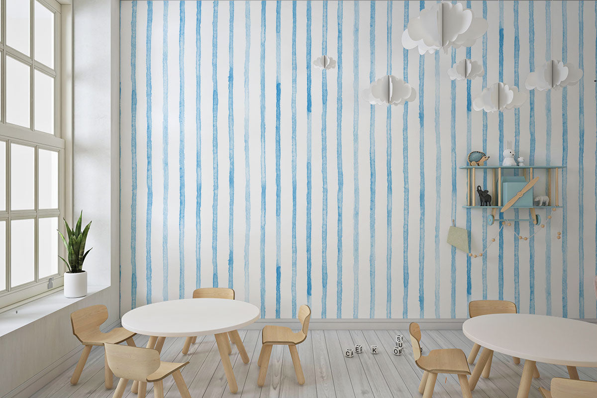 Tapet Personalizat Inspiratie Scandinava pentru Copii cu dungi albastre in stil watercolor - BLUE WATERCOLOR STRIPES