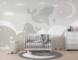 Tapet Personalizat Inspiratie Scandinava pentru Copii cu balene in nuante de grej - GREJ BABY WHALES