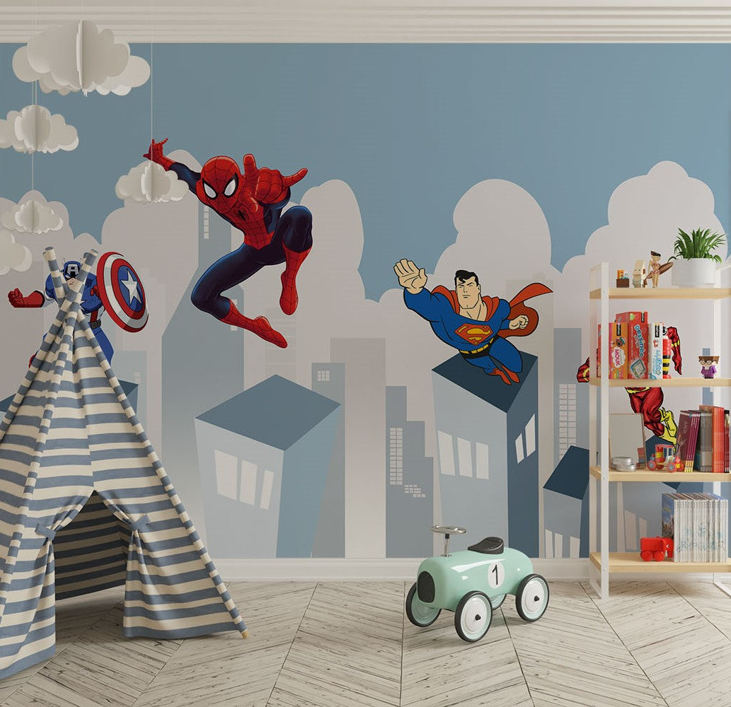 Tapet Personalizat Supereroi pentru copii cu supereroi din universul Marvel si DC zburand peste cladiri - MARVEL VS DC