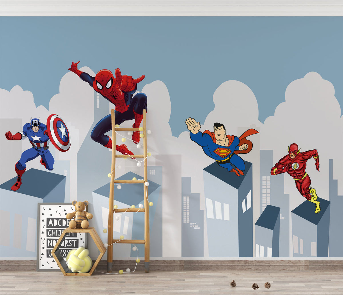Tapet Personalizat Supereroi pentru copii cu supereroi din universul Marvel si DC zburand peste cladiri - MARVEL VS DC